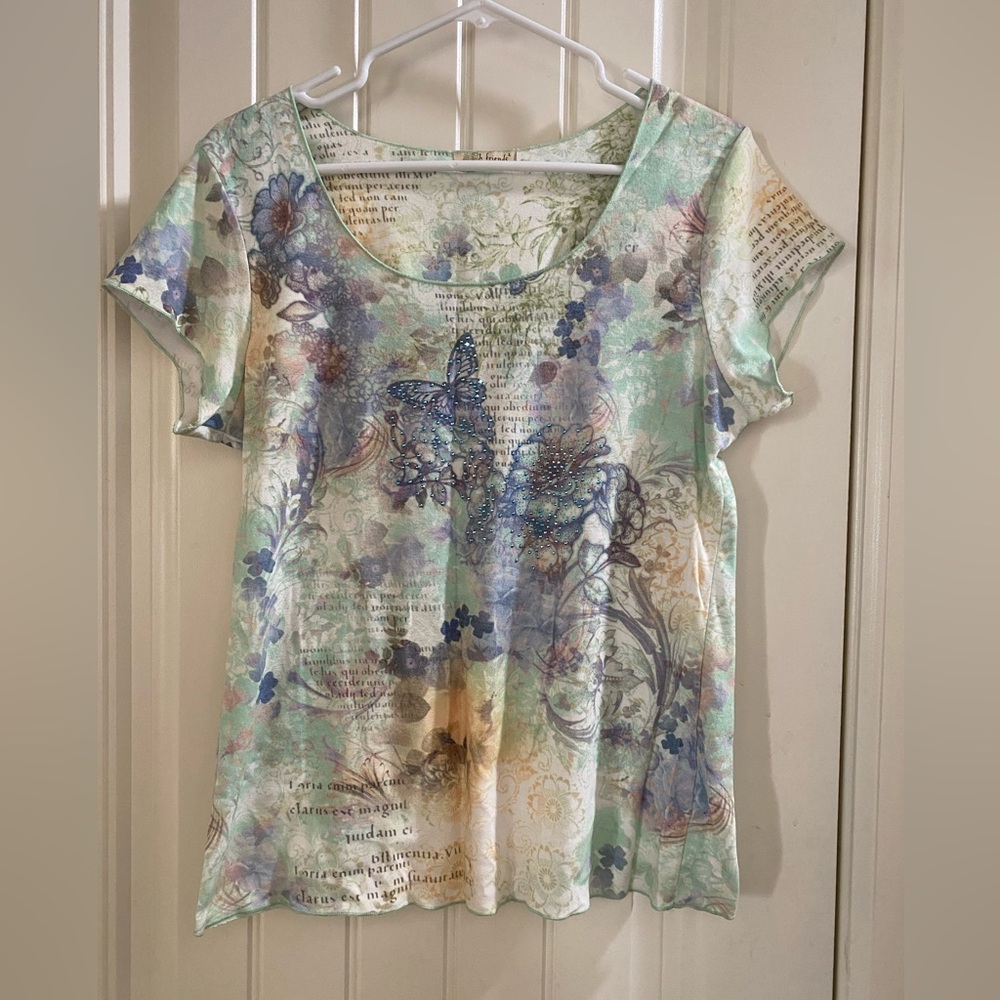 B Friends L Top Sublimation Butterfly Blouse Large Rhinestone Shirt Lg